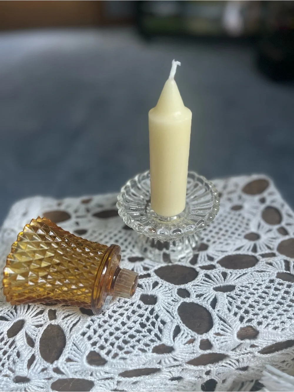 Amber Diamond-Pattern Glass Votive w/ a clear glass candleholder and clear peg